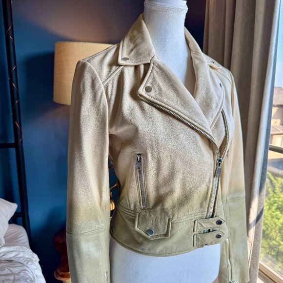 Pinko Cream and Sage Green Leather Moto Jacket - Picture 4 of 15